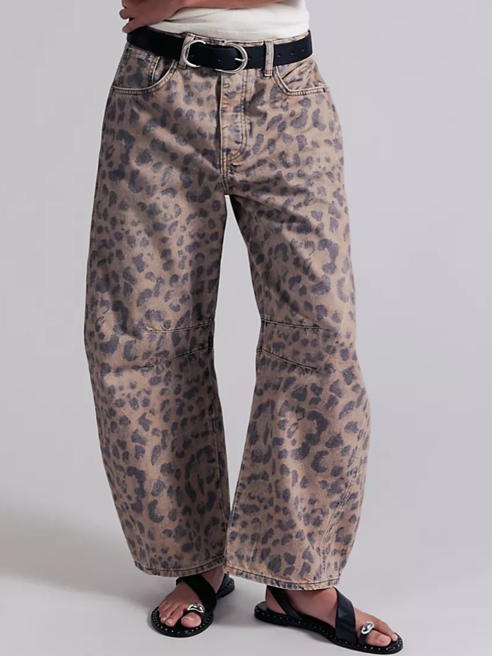 Free People We The Free Good Luck Printed Barrel Jeans Leopard Brown Sugar Combo